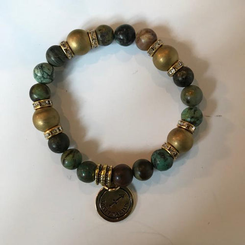 Jade, African Turquoise and Gold Hematite Bracelet with Zodiac Charm